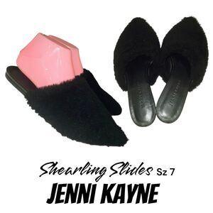 Jenni Kayne Sz 7 Black Shearling Pointy Toe Slide On Mule Work Boho Chic Flats